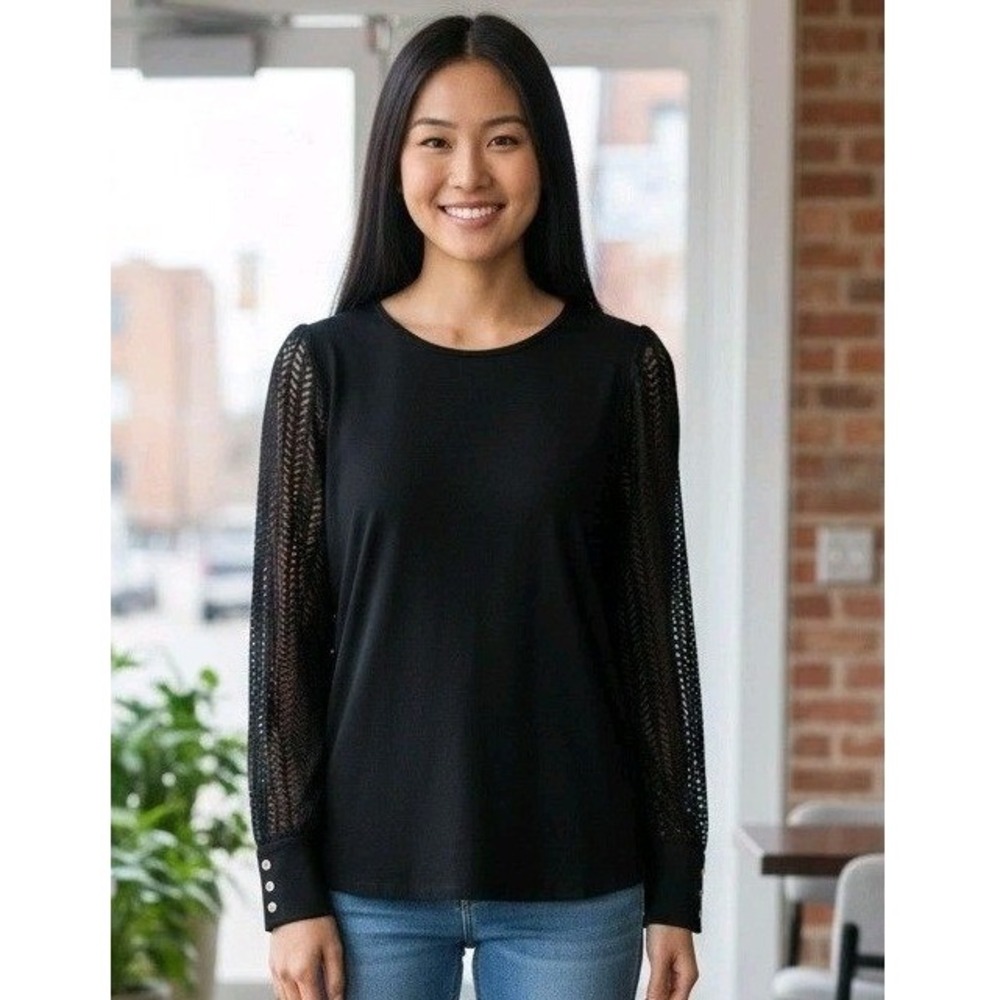 Anne Klein Top Womens Sz 1X Sheer Crochet Lace Long Sleeve Black Bewitched Goth
